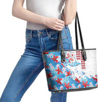 Hawaiian Tribal Manta Ray Leather Tote Bag Kakau Tattoo and Flowers Surfing Waves Pattern Ocean Color