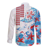 Hawaiian Tribal Manta Ray Long Sleeve Button Shirt Kakau Tattoo and Flowers Surfing Waves Pattern Ocean Color