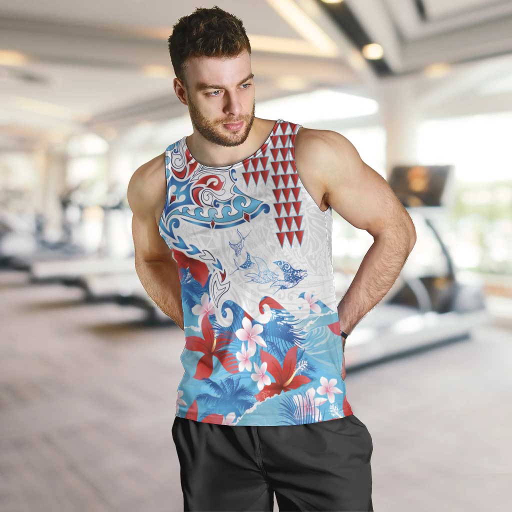 Hawaiian Tribal Manta Ray Men Tank Top Kakau Tattoo and Flowers Surfing Waves Pattern Ocean Color