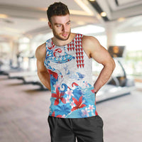 Hawaiian Tribal Manta Ray Men Tank Top Kakau Tattoo and Flowers Surfing Waves Pattern Ocean Color