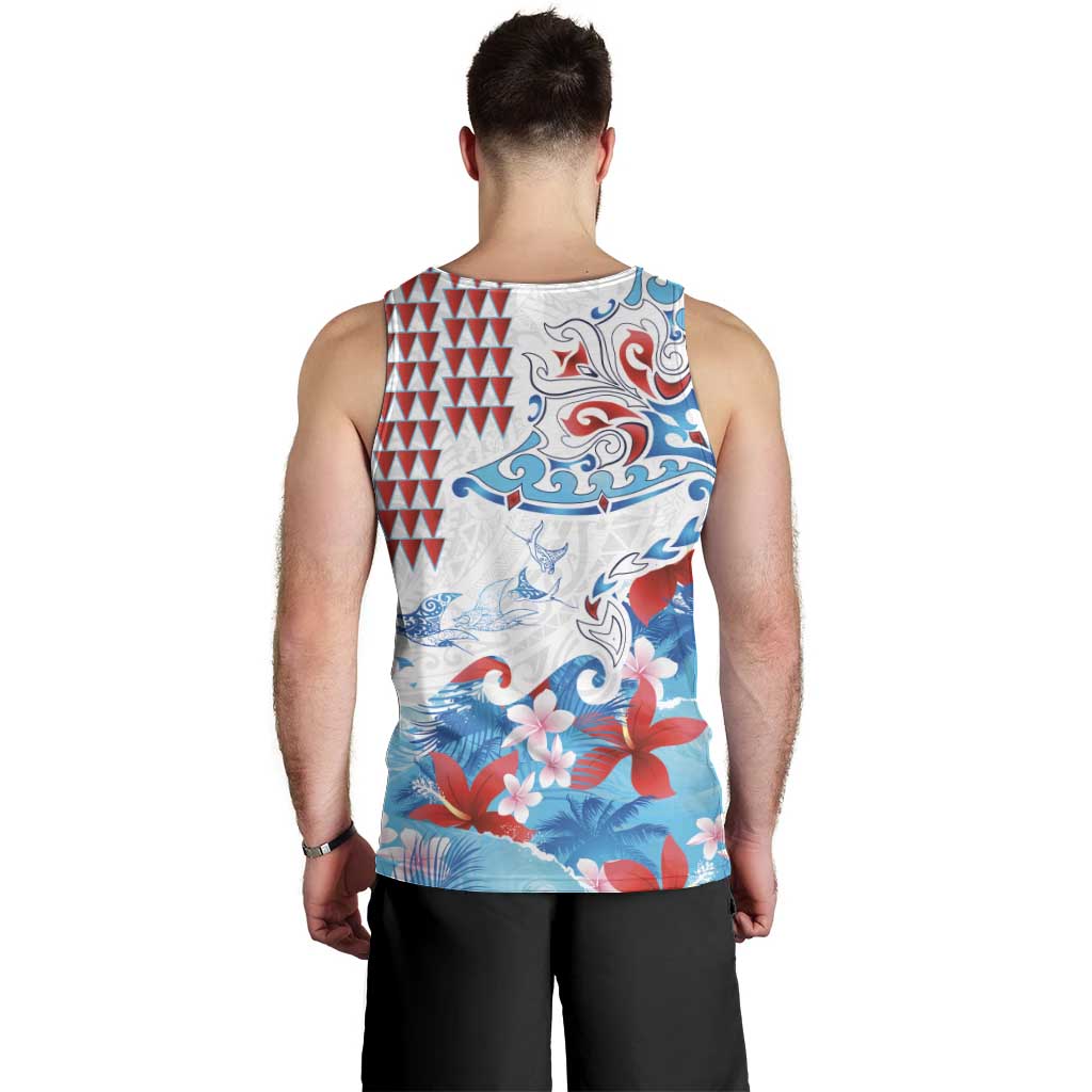 Hawaiian Tribal Manta Ray Men Tank Top Kakau Tattoo and Flowers Surfing Waves Pattern Ocean Color