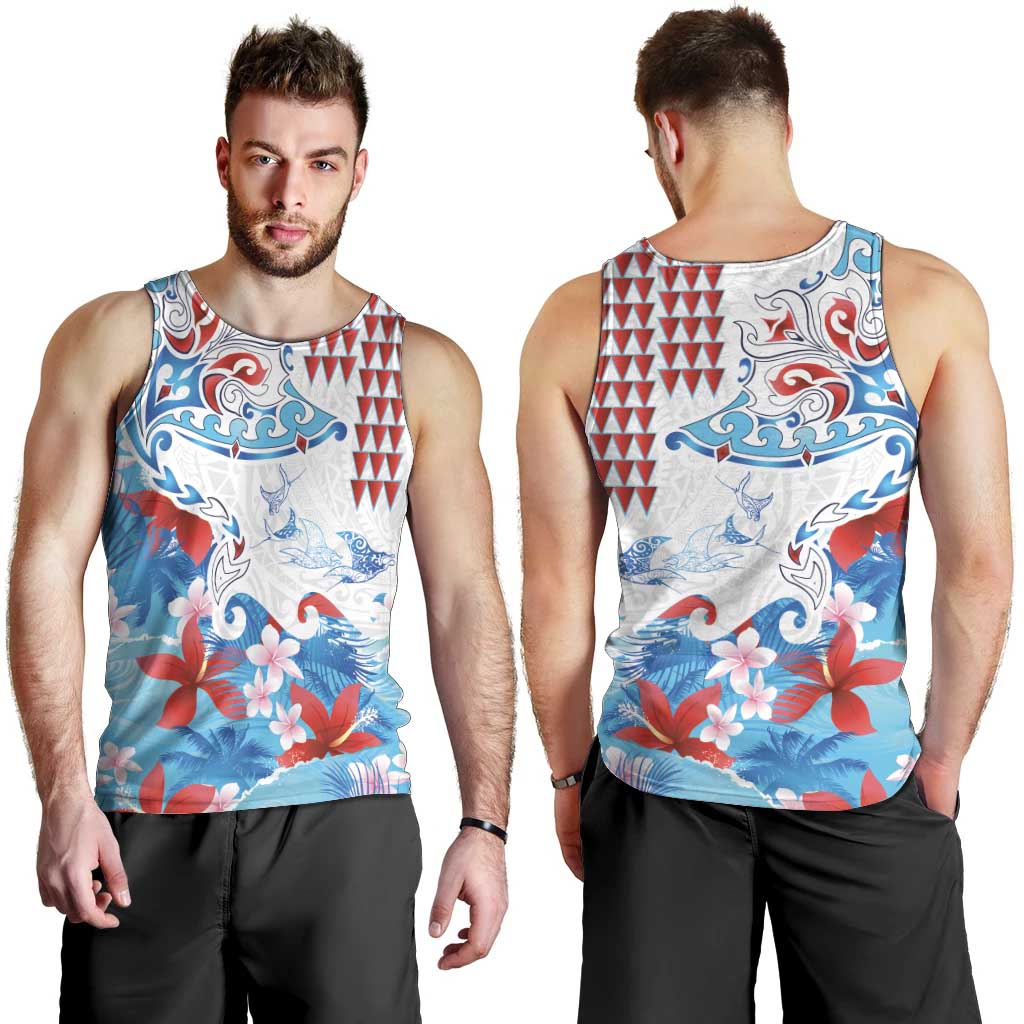 Hawaiian Tribal Manta Ray Men Tank Top Kakau Tattoo and Flowers Surfing Waves Pattern Ocean Color
