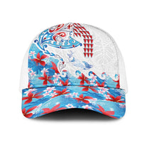 Hawaiian Tribal Manta Ray Mesh Trucker Cap Kakau Tattoo and Flowers Surfing Waves Pattern Ocean Color