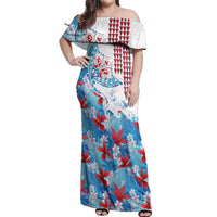 Hawaiian Tribal Manta Ray Off Shoulder Maxi Dress Kakau Tattoo and Flowers Surfing Waves Pattern Ocean Color