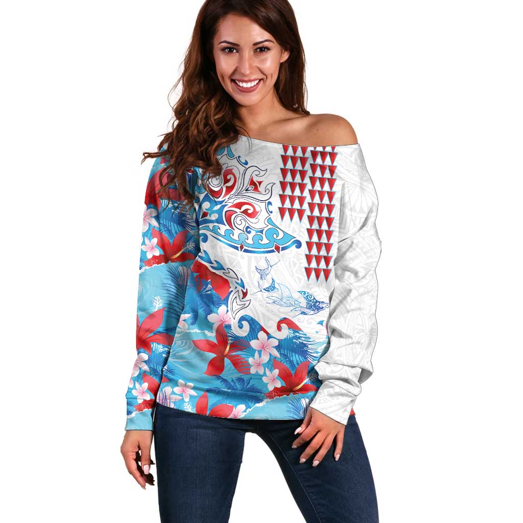 Hawaiian Tribal Manta Ray Off Shoulder Sweater Kakau Tattoo and Flowers Surfing Waves Pattern Ocean Color