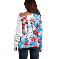 Hawaiian Tribal Manta Ray Off Shoulder Sweater Kakau Tattoo and Flowers Surfing Waves Pattern Ocean Color
