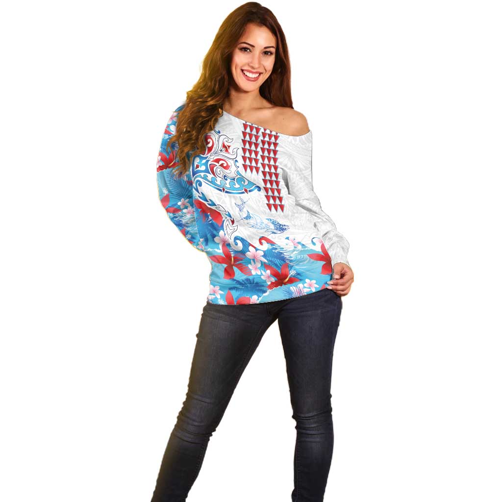 Hawaiian Tribal Manta Ray Off Shoulder Sweater Kakau Tattoo and Flowers Surfing Waves Pattern Ocean Color