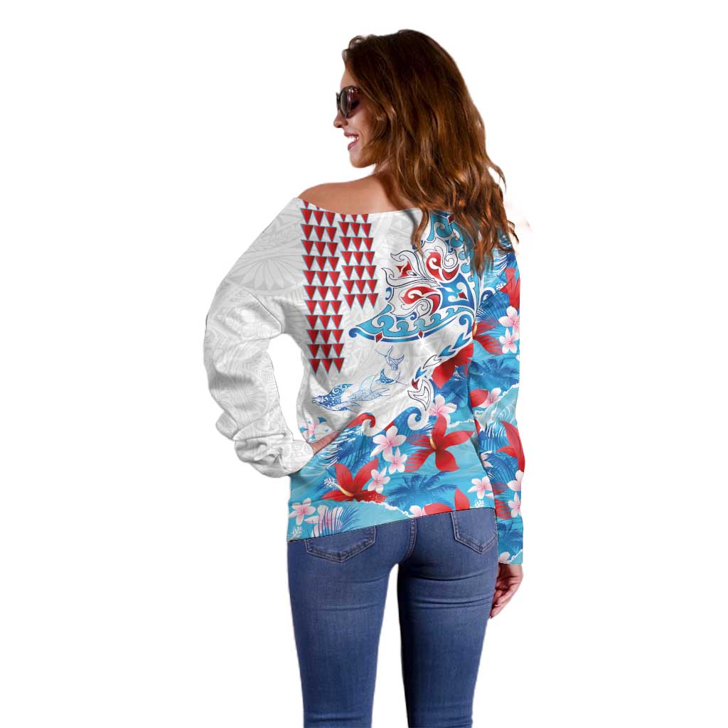 Hawaiian Tribal Manta Ray Off Shoulder Sweater Kakau Tattoo and Flowers Surfing Waves Pattern Ocean Color