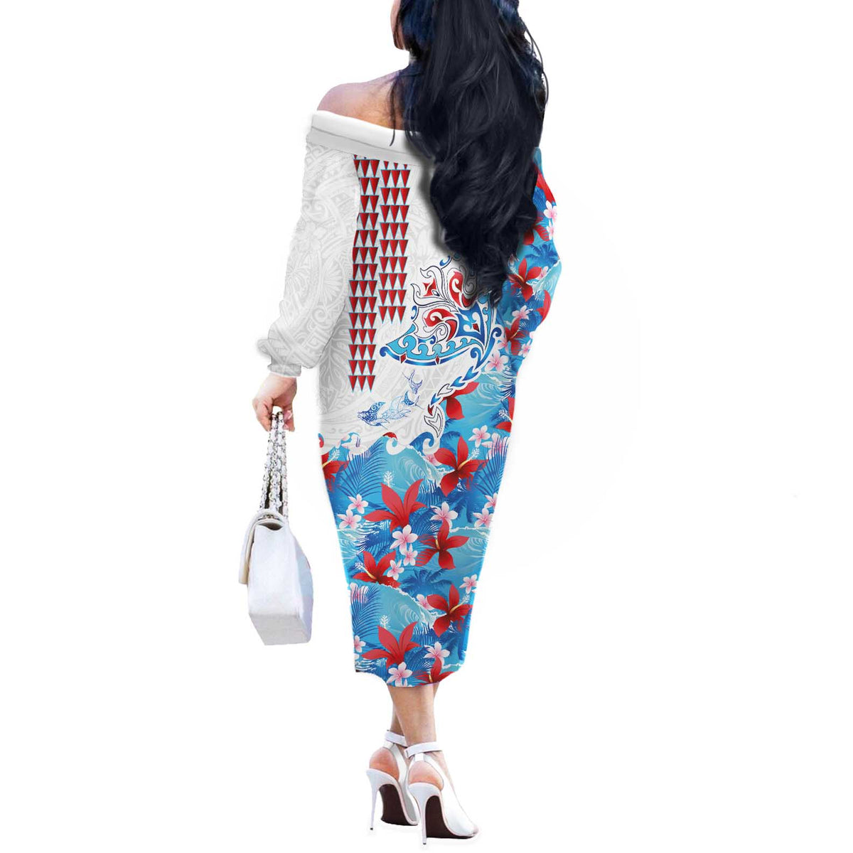 Hawaiian Tribal Manta Ray Off The Shoulder Long Sleeve Dress Kakau Tattoo and Flowers Surfing Waves Pattern Ocean Color LT03 - Polynesian Pride