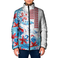 Hawaiian Tribal Manta Ray Padded Jacket Kakau Tattoo and Flowers Surfing Waves Pattern Ocean Color