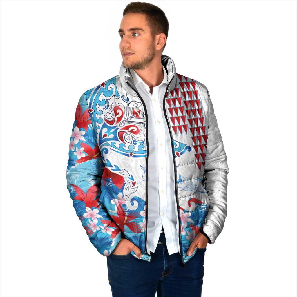 Hawaiian Tribal Manta Ray Padded Jacket Kakau Tattoo and Flowers Surfing Waves Pattern Ocean Color
