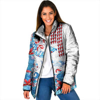 Hawaiian Tribal Manta Ray Padded Jacket Kakau Tattoo and Flowers Surfing Waves Pattern Ocean Color