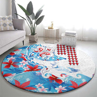 Hawaiian Tribal Manta Ray Round Carpet Kakau Tattoo and Flowers Surfing Waves Pattern Ocean Color