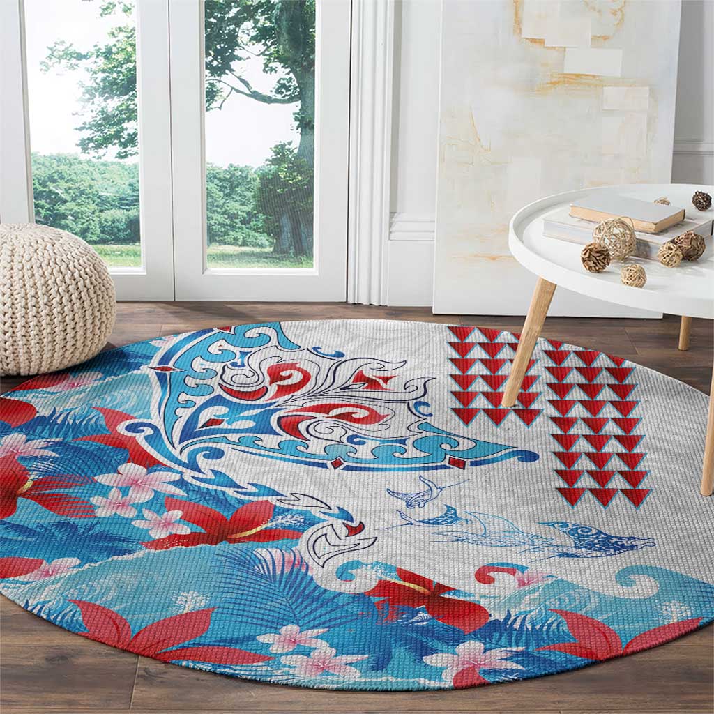 Hawaiian Tribal Manta Ray Round Carpet Kakau Tattoo and Flowers Surfing Waves Pattern Ocean Color