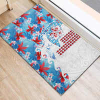 Hawaiian Tribal Manta Ray Rubber Doormat Kakau Tattoo and Flowers Surfing Waves Pattern Ocean Color