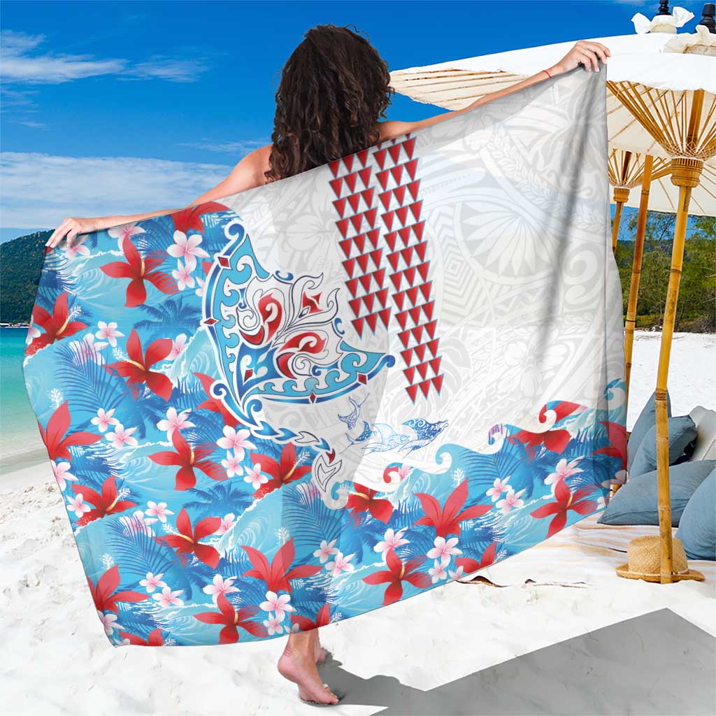 Hawaiian Tribal Manta Ray Sarong Kakau Tattoo and Flowers Surfing Waves Pattern Ocean Color