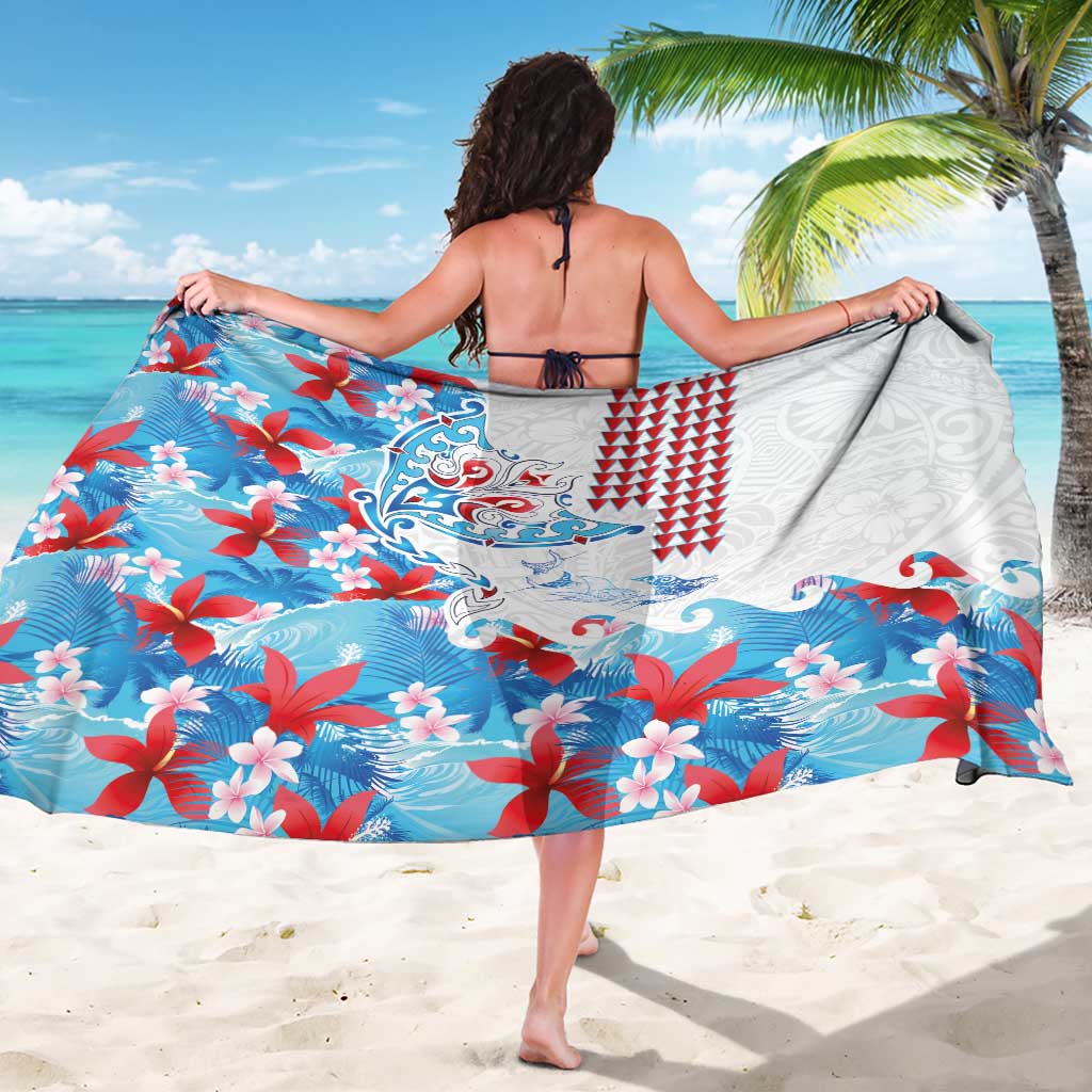 Hawaiian Tribal Manta Ray Sarong Kakau Tattoo and Flowers Surfing Waves Pattern Ocean Color