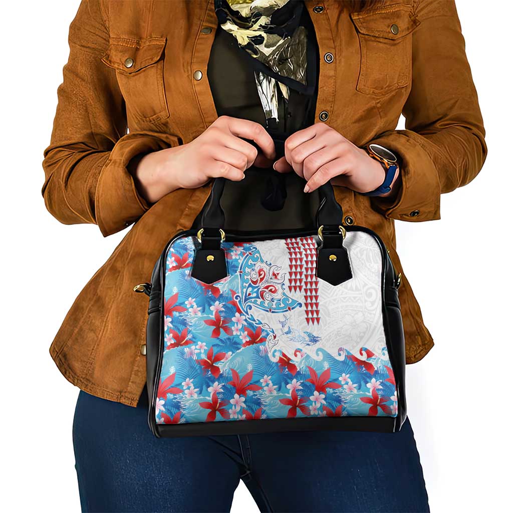 Hawaiian Tribal Manta Ray Shoulder Handbag Kakau Tattoo and Flowers Surfing Waves Pattern Ocean Color