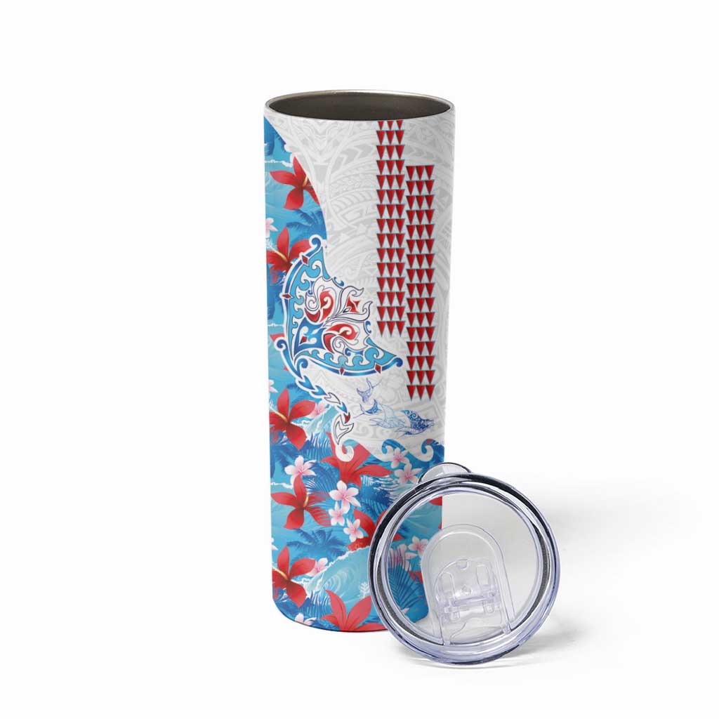 Hawaiian Tribal Manta Ray Skinny Tumbler Kakau Tattoo and Flowers Surfing Waves Pattern Ocean Color LT03 - Polynesian Pride