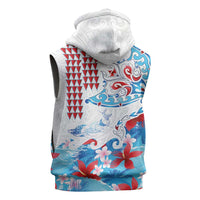 Hawaiian Tribal Manta Ray Sleeveless Hoodie Kakau Tattoo and Flowers Surfing Waves Pattern Ocean Color