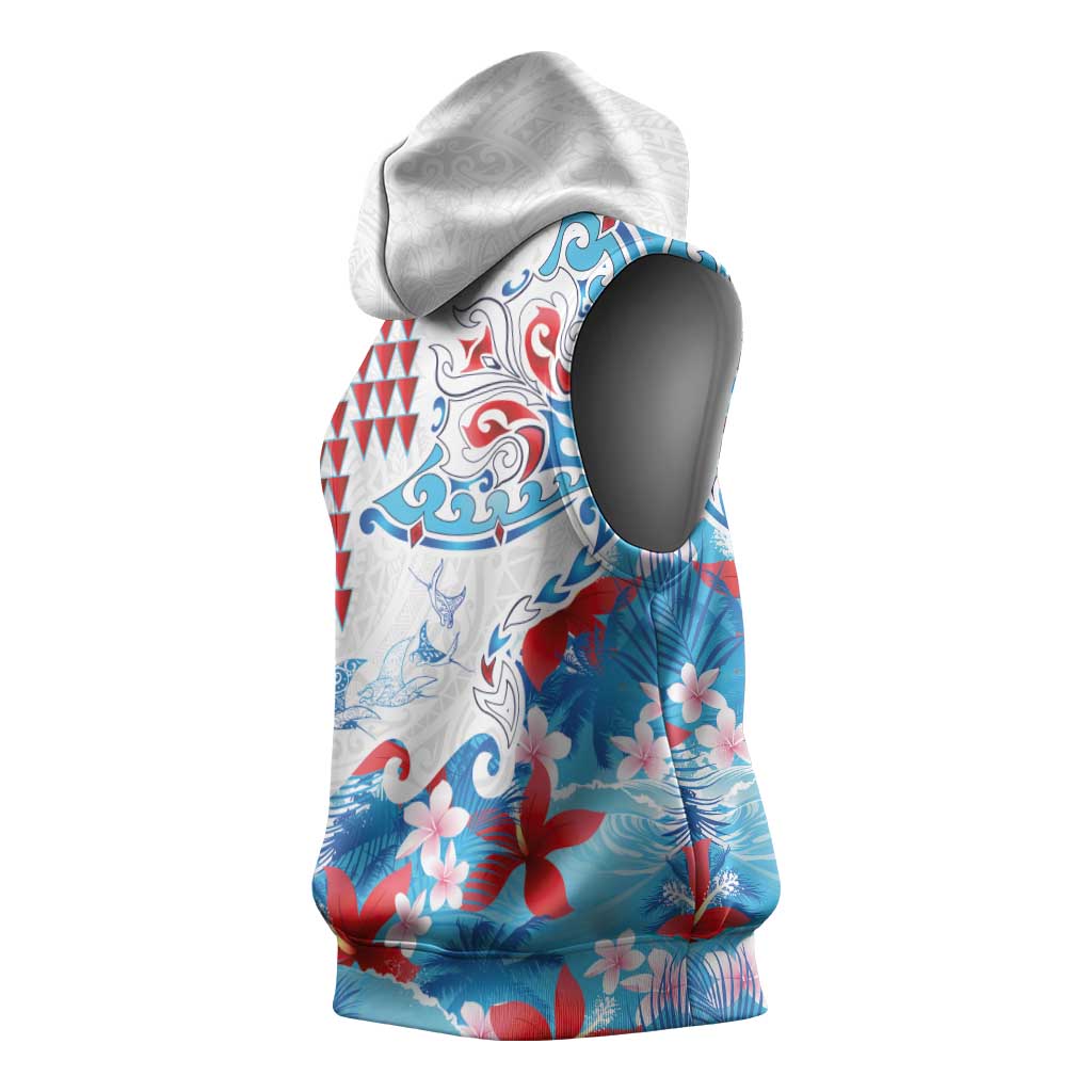 Hawaiian Tribal Manta Ray Sleeveless Hoodie Kakau Tattoo and Flowers Surfing Waves Pattern Ocean Color
