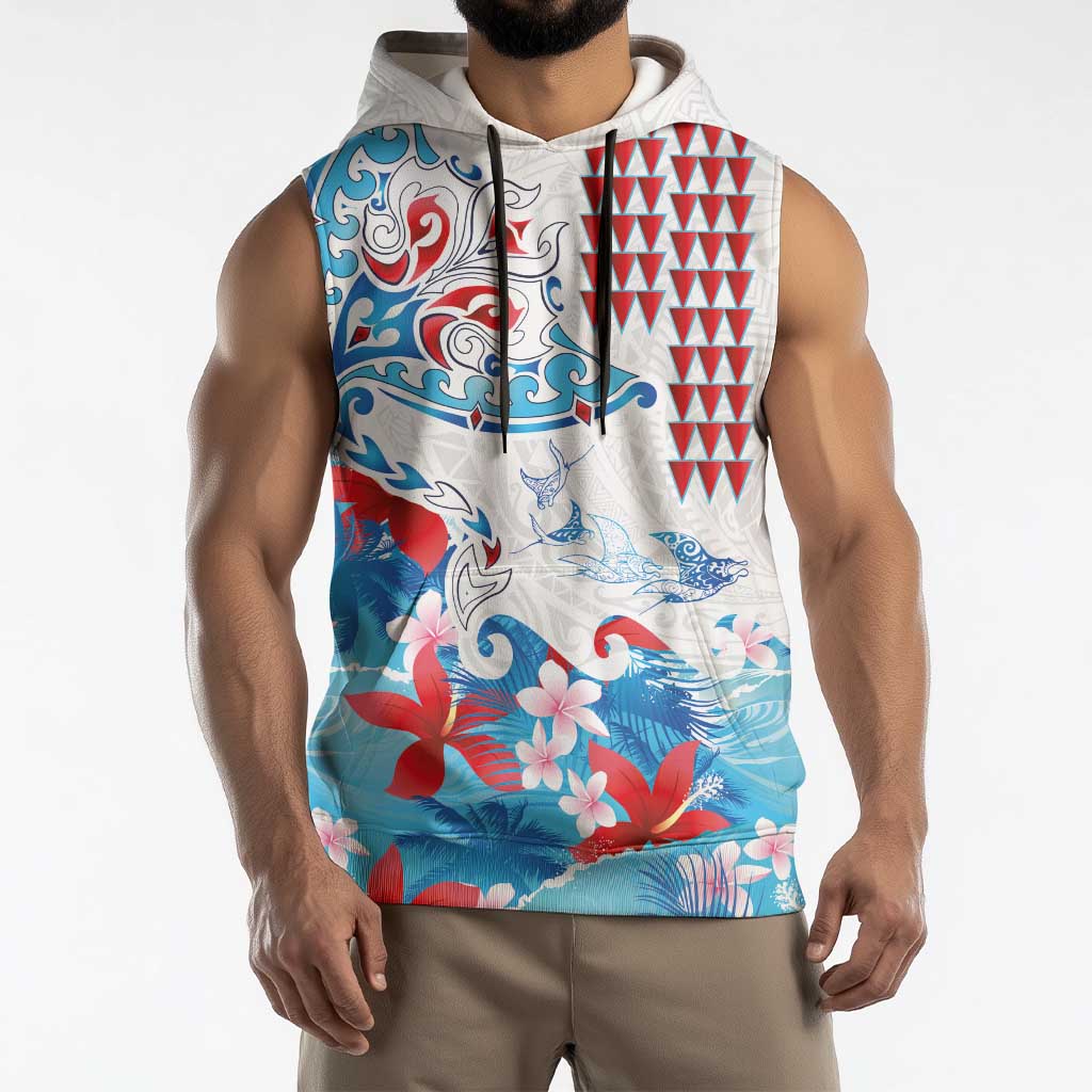 Hawaiian Tribal Manta Ray Sleeveless Hoodie Kakau Tattoo and Flowers Surfing Waves Pattern Ocean Color