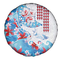 Hawaiian Tribal Manta Ray Spare Tire Cover Kakau Tattoo and Flowers Surfing Waves Pattern Ocean Color