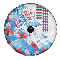 Hawaiian Tribal Manta Ray Spare Tire Cover Kakau Tattoo and Flowers Surfing Waves Pattern Ocean Color