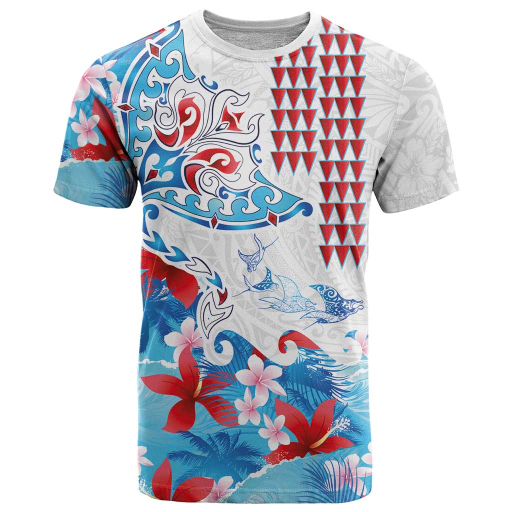 Hawaiian Tribal Manta Ray T Shirt Kakau Tattoo and Flowers Surfing Waves Pattern Ocean Color