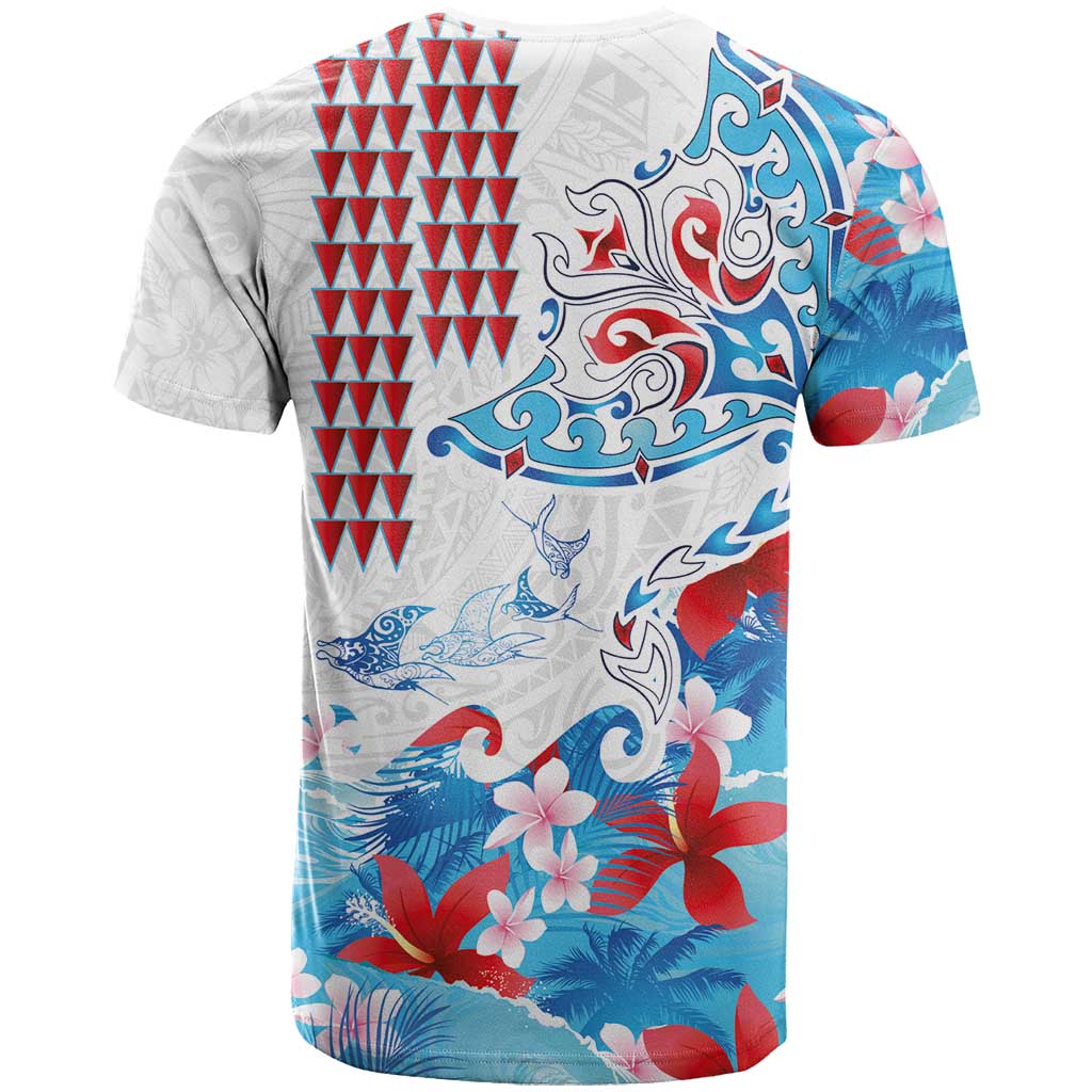 Hawaiian Tribal Manta Ray T Shirt Kakau Tattoo and Flowers Surfing Waves Pattern Ocean Color