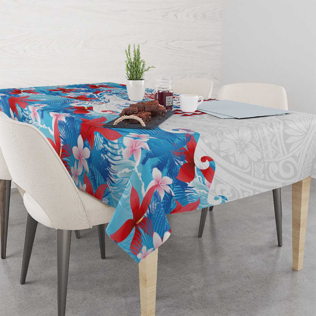 Hawaiian Tribal Manta Ray Tablecloth Kakau Tattoo and Flowers Surfing Waves Pattern Ocean Color
