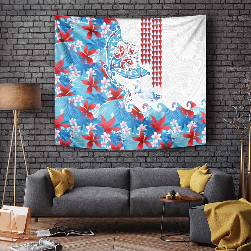 Hawaiian Tribal Manta Ray Tapestry Kakau Tattoo and Flowers Surfing Waves Pattern Ocean Color