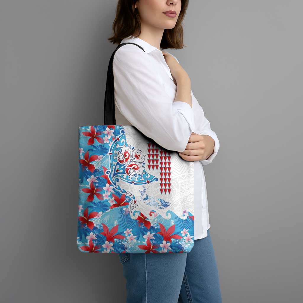Hawaiian Tribal Manta Ray Tote Bag Kakau Tattoo and Flowers Surfing Waves Pattern Ocean Color