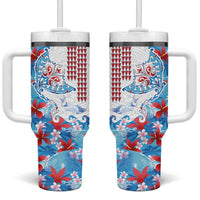 Hawaiian Tribal Manta Ray Tumbler With Handle Kakau Tattoo and Flowers Surfing Waves Pattern Ocean Color