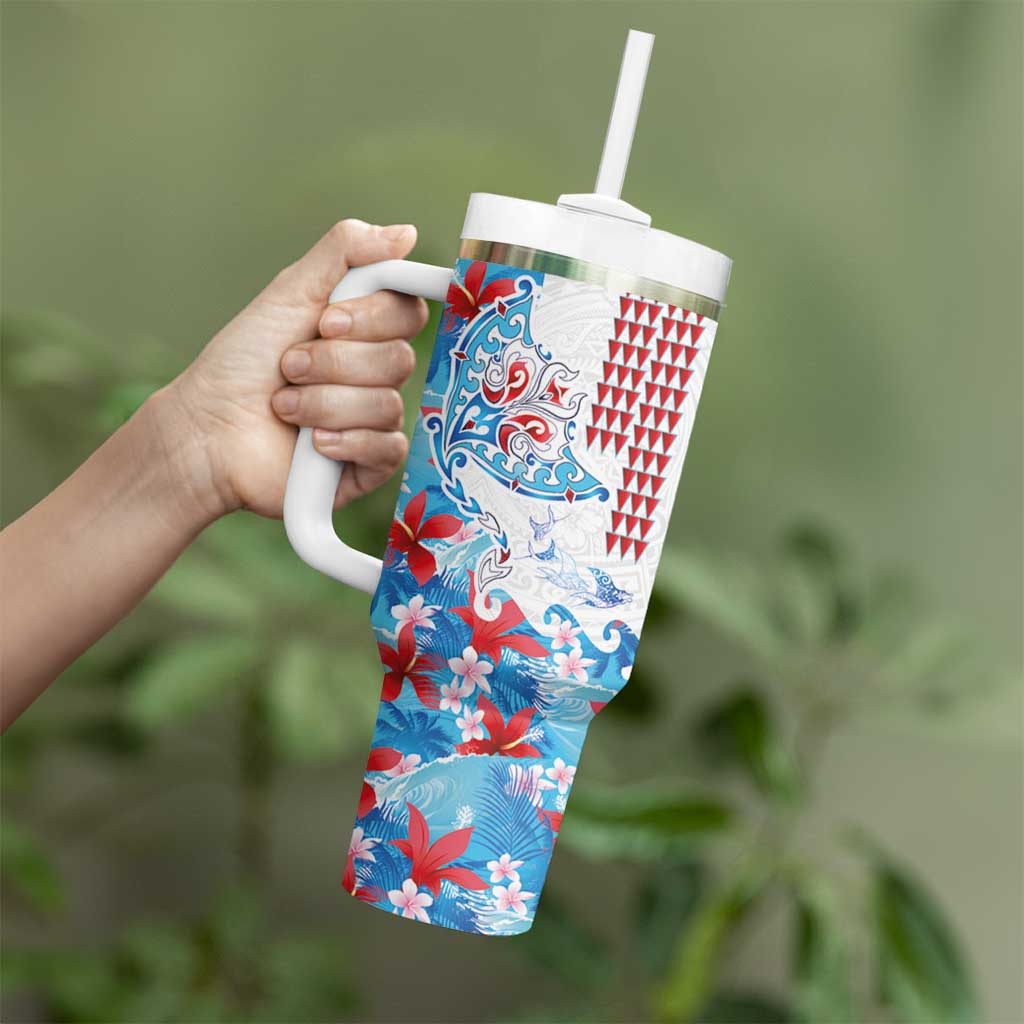 Hawaiian Tribal Manta Ray Tumbler With Handle Kakau Tattoo and Flowers Surfing Waves Pattern Ocean Color