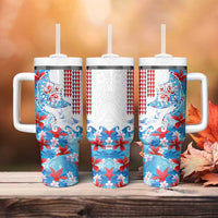 Hawaiian Tribal Manta Ray Tumbler With Handle Kakau Tattoo and Flowers Surfing Waves Pattern Ocean Color
