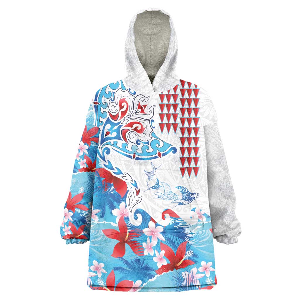 Hawaiian Tribal Manta Ray Wearable Blanket Hoodie Kakau Tattoo and Flowers Surfing Waves Pattern Ocean Color