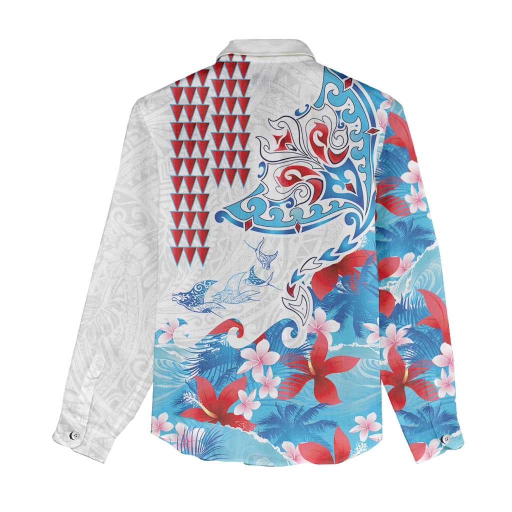 Hawaiian Tribal Manta Ray Women Casual Shirt Kakau Tattoo and Flowers Surfing Waves Pattern Ocean Color LT03 - Polynesian Pride