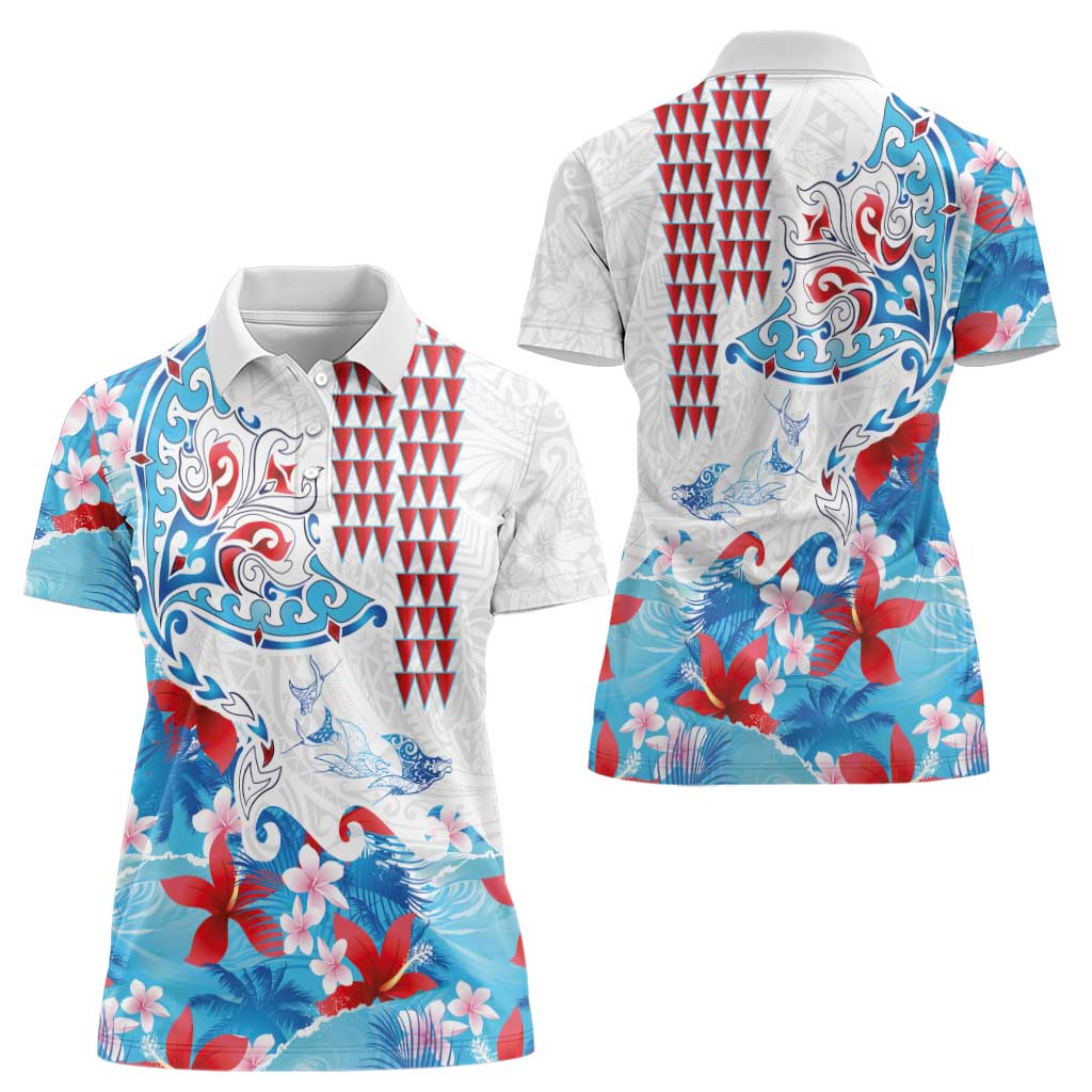 Hawaiian Tribal Manta Ray Women Polo Shirt Kakau Tattoo and Flowers Surfing Waves Pattern Ocean Color LT03 - Polynesian Pride