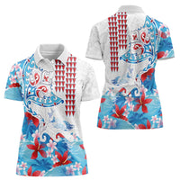 Hawaiian Tribal Manta Ray Women Polo Shirt Kakau Tattoo and Flowers Surfing Waves Pattern Ocean Color LT03 - Polynesian Pride