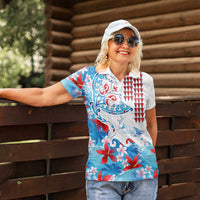 Hawaiian Tribal Manta Ray Women Polo Shirt Kakau Tattoo and Flowers Surfing Waves Pattern Ocean Color LT03 - Polynesian Pride