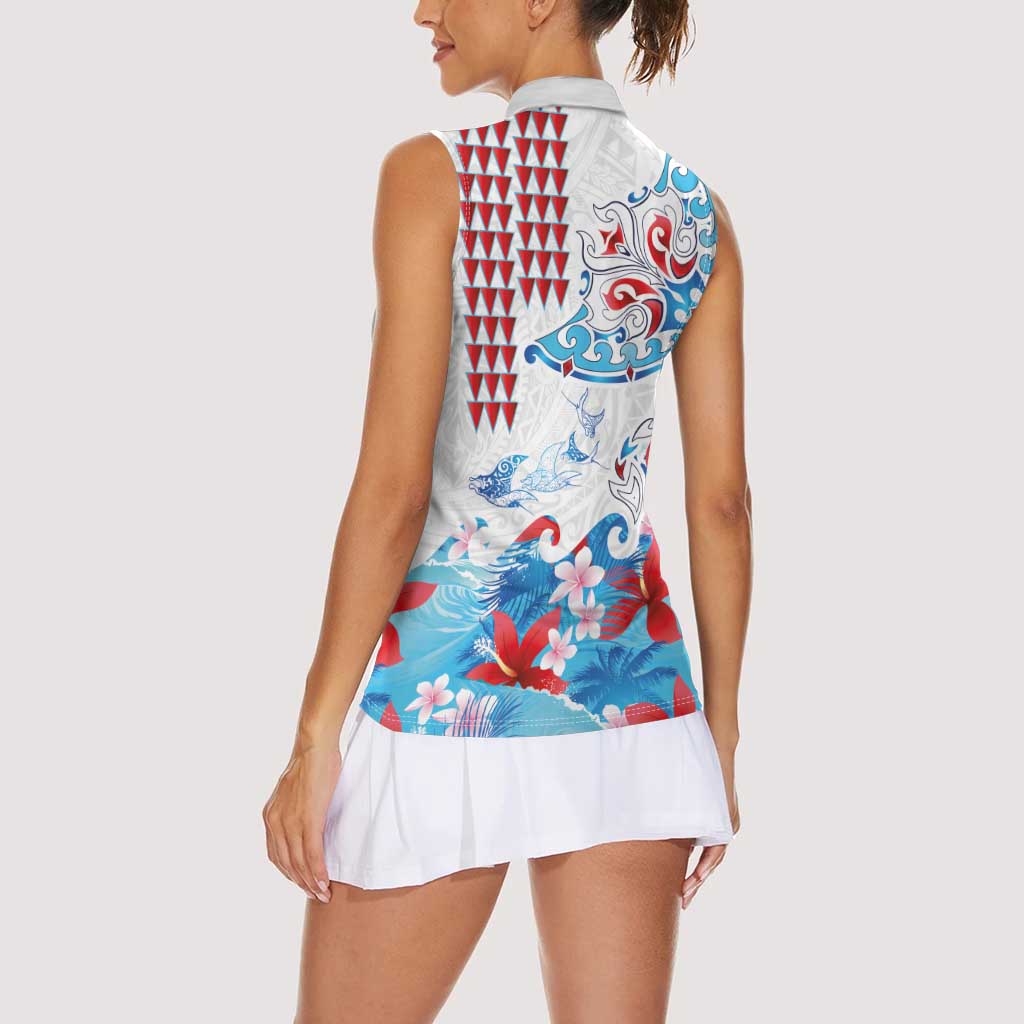 Hawaiian Tribal Manta Ray Women Sleeveless Polo Shirt Kakau Tattoo and Flowers Surfing Waves Pattern Ocean Color LT03 - Polynesian Pride