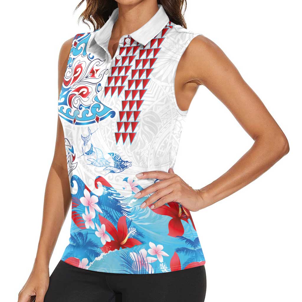 Hawaiian Tribal Manta Ray Women Sleeveless Polo Shirt Kakau Tattoo and Flowers Surfing Waves Pattern Ocean Color LT03 - Polynesian Pride