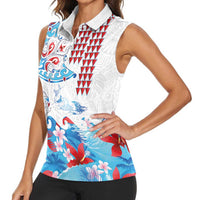 Hawaiian Tribal Manta Ray Women Sleeveless Polo Shirt Kakau Tattoo and Flowers Surfing Waves Pattern Ocean Color LT03 - Polynesian Pride