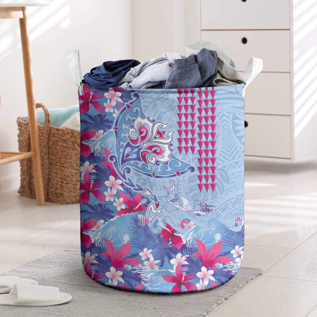 Hawaiian Tribal Manta Ray Laundry Basket Kakau Tattoo and Flowers Surfing Waves Pattern Soft Color