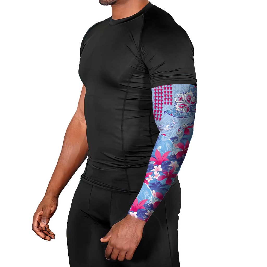 Hawaiian Tribal Manta Ray Arm Sleeves Kakau Tattoo and Flowers Surfing Waves Pattern Soft Color