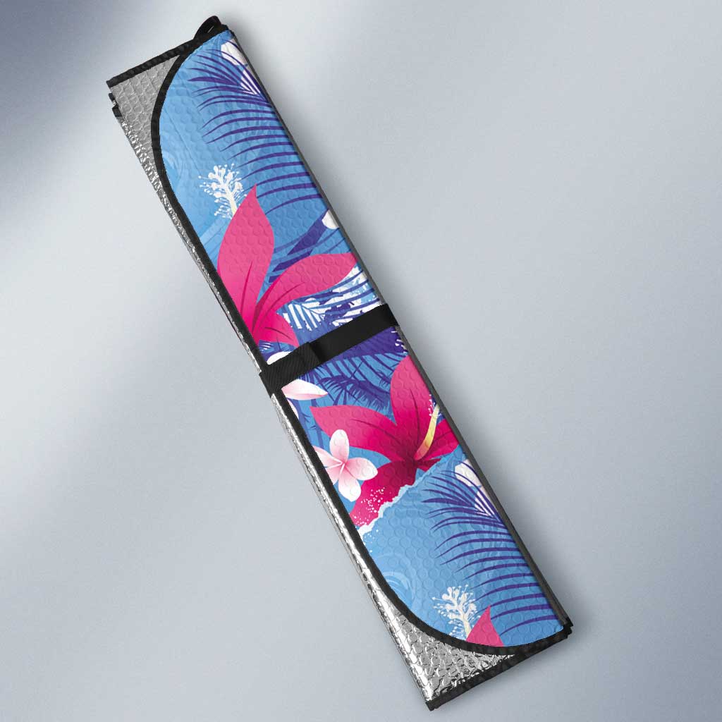 Hawaiian Tribal Manta Ray Auto Sun Shade Kakau Tattoo and Flowers Surfing Waves Pattern Soft Color
