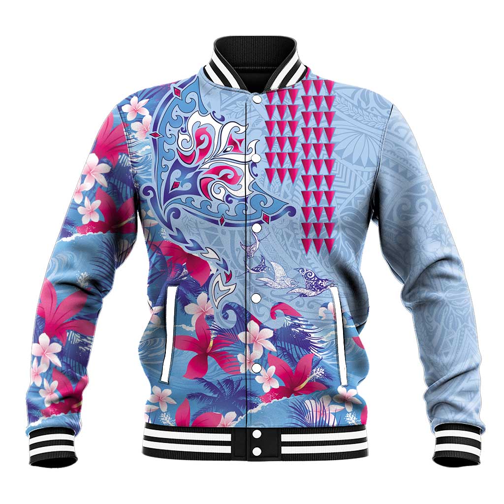 Hawaiian Tribal Manta Ray Baseball Jacket Kakau Tattoo and Flowers Surfing Waves Pattern Soft Color