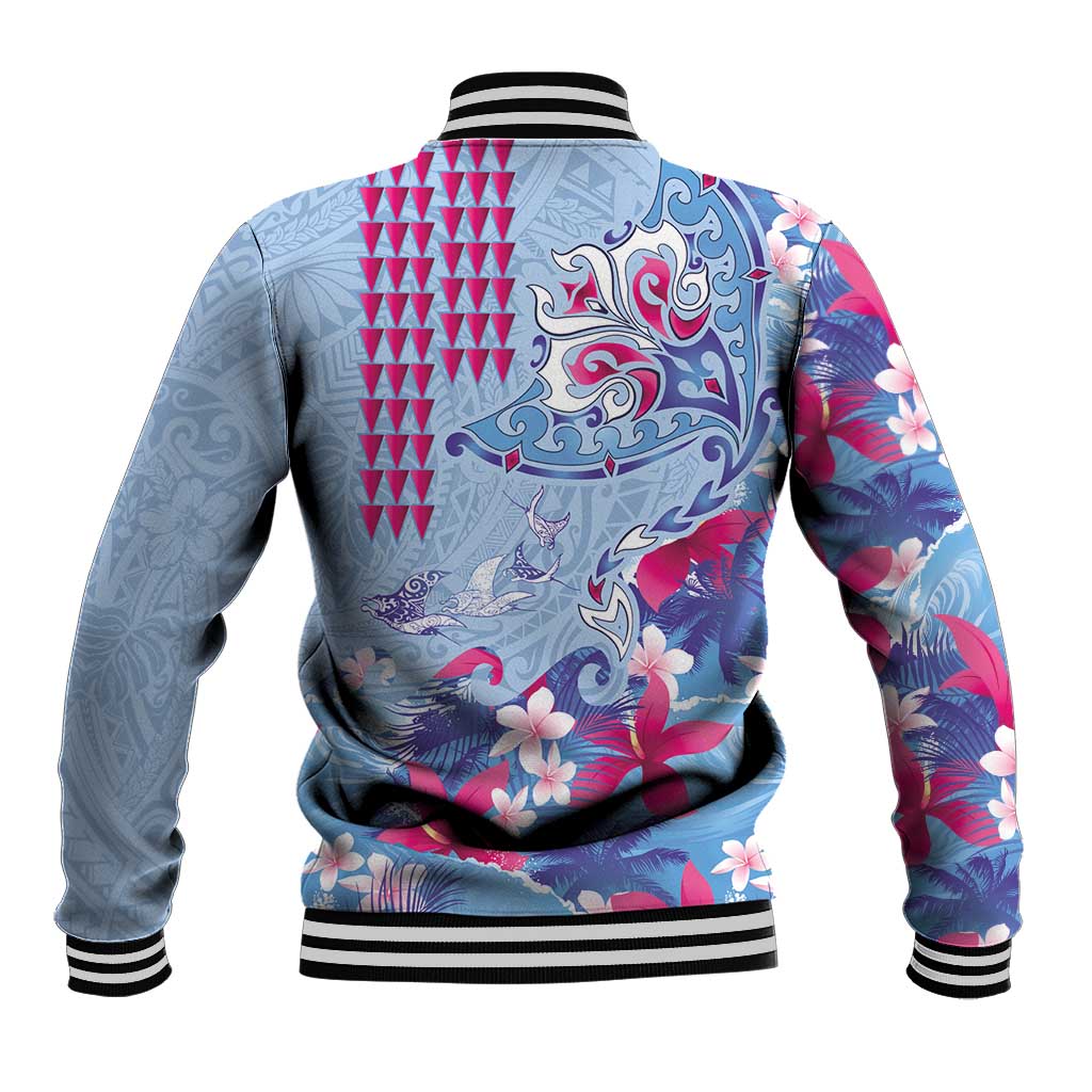 Hawaiian Tribal Manta Ray Baseball Jacket Kakau Tattoo and Flowers Surfing Waves Pattern Soft Color