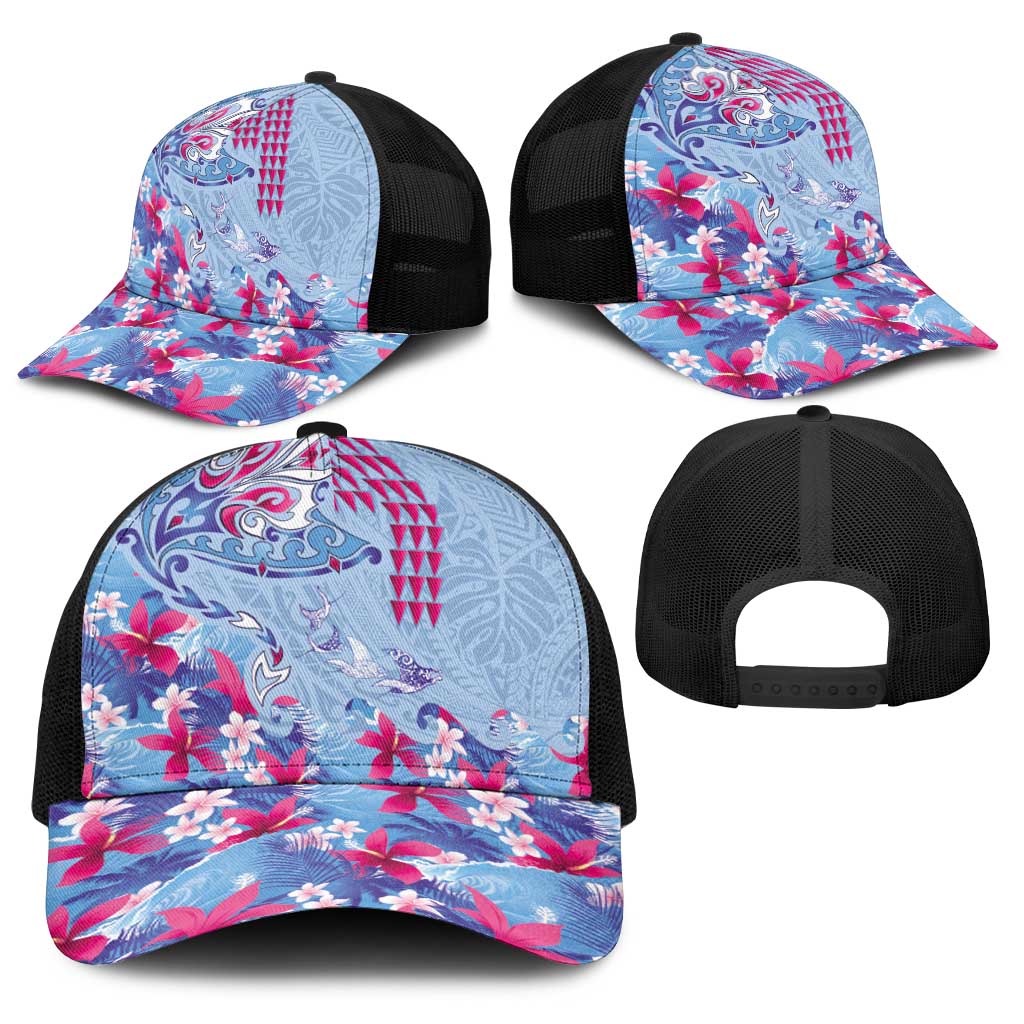 Hawaiian Tribal Manta Ray Baseball Net Cap Kakau Tattoo and Flowers Surfing Waves Pattern Soft Color